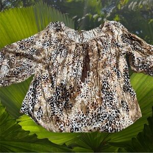 Cato Blouse Women’s Extra Large Leopard Print 3/4 Sleeves Tassels Rayon Top